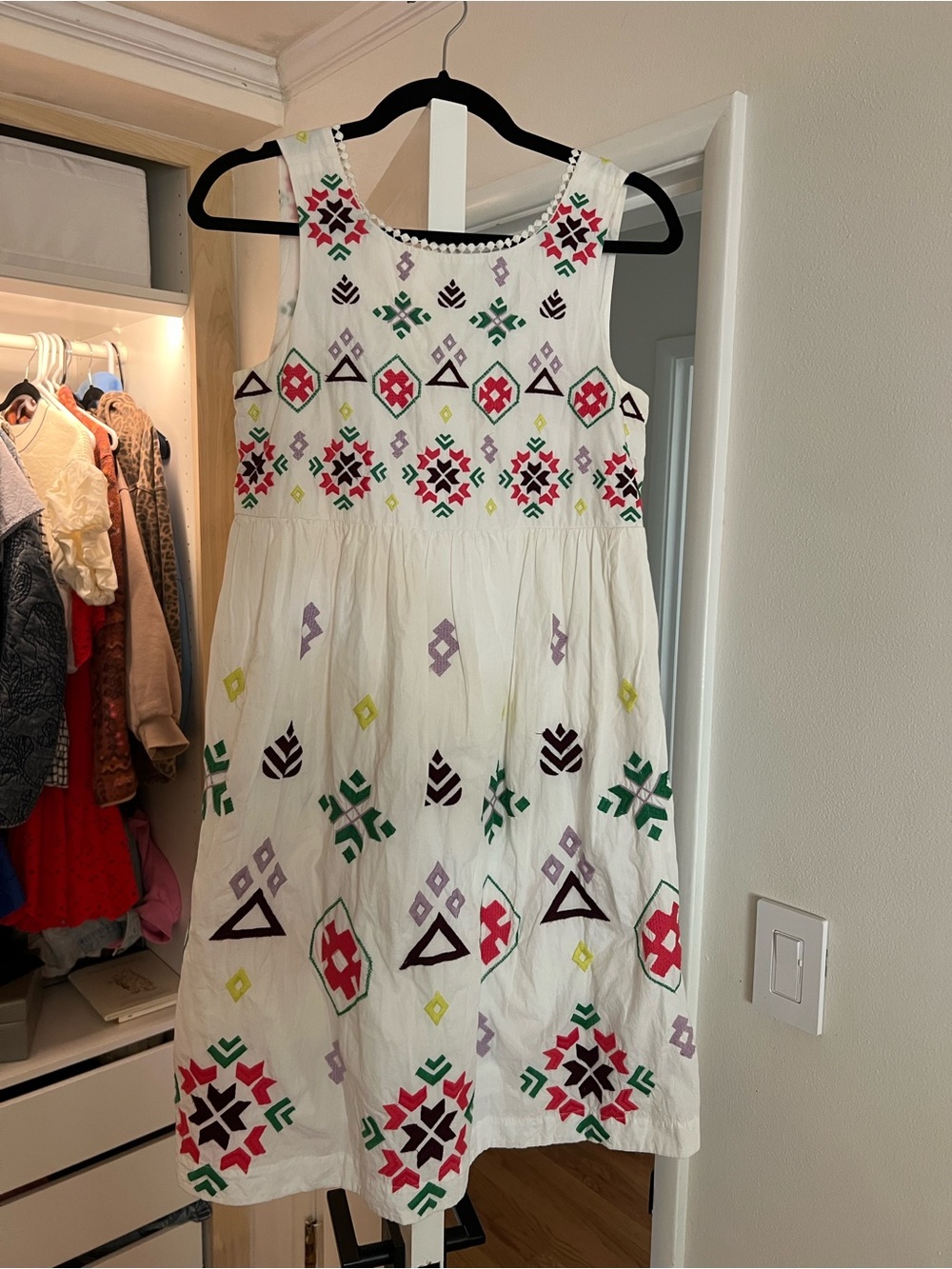 Anthropologie Cream Sleeveless Dress with Multicolor Embroidery